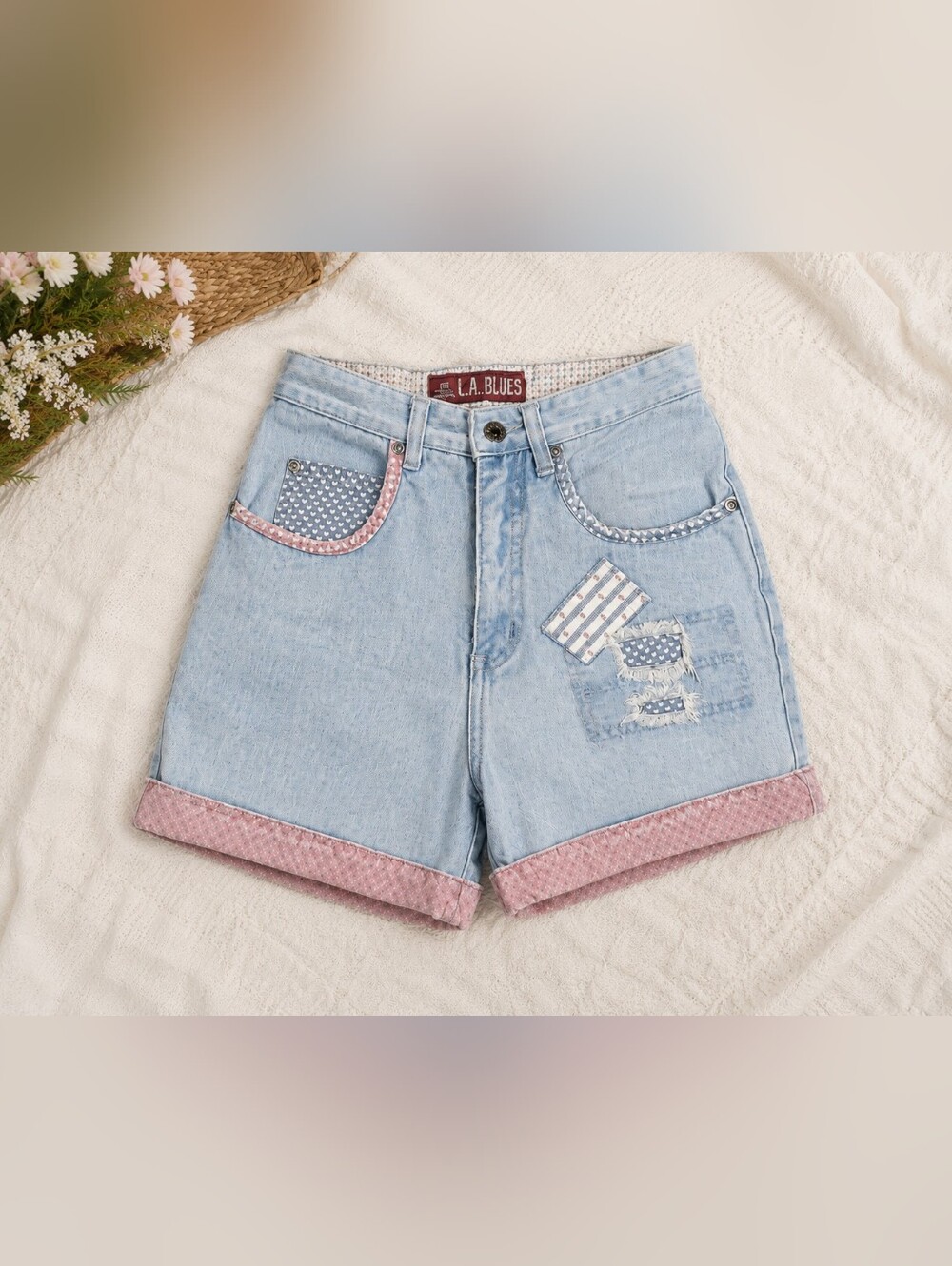 L.A. Blues Light Wash Denim Patchwork Shorts - Pink Trim - Size 6